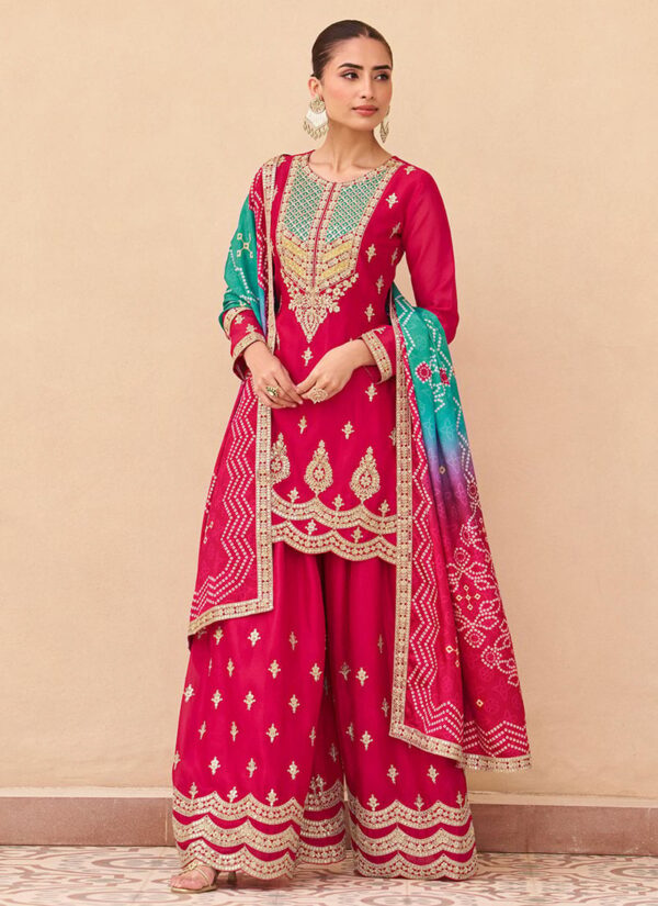 Pink Chinon Silk Palazzo Suit with Teal Bandhani Dupatta festive wear
