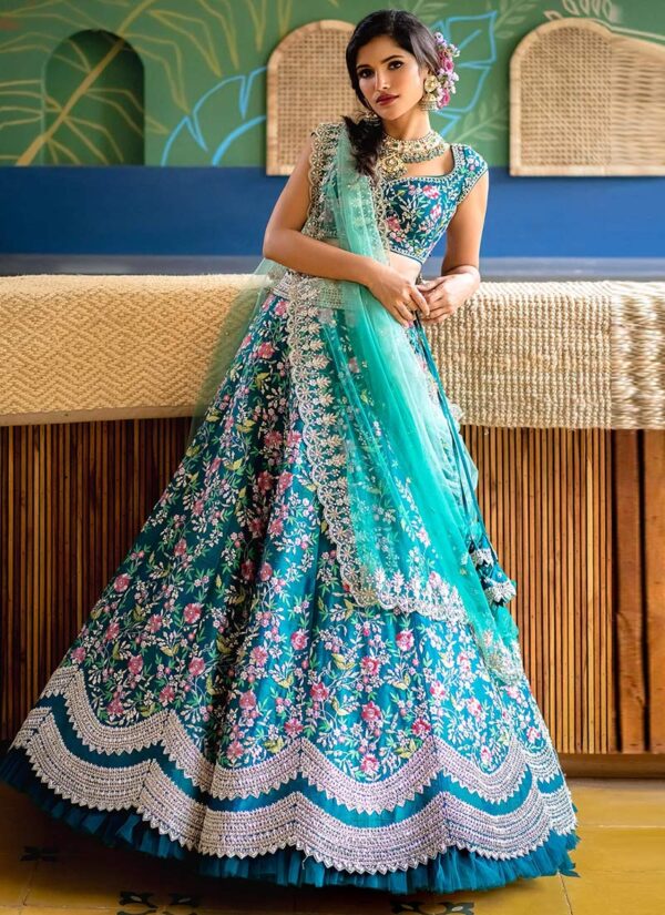 Aqua blue satin A-line lehenga with embroidery and stone work