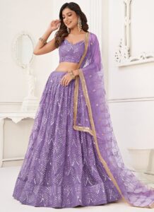 Lavender net umbrella lehenga choli with handwork and sequins