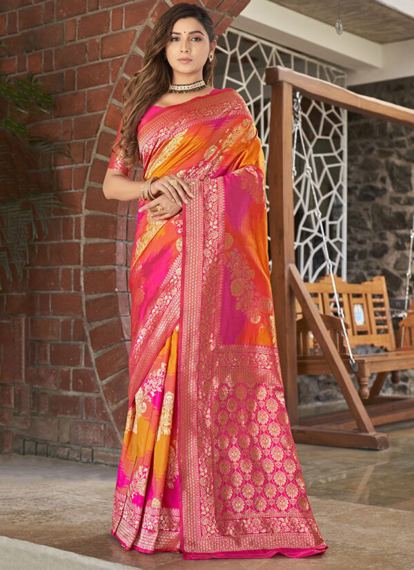 Yellow and Orange Benarasi Saree with golden zari jacquard work