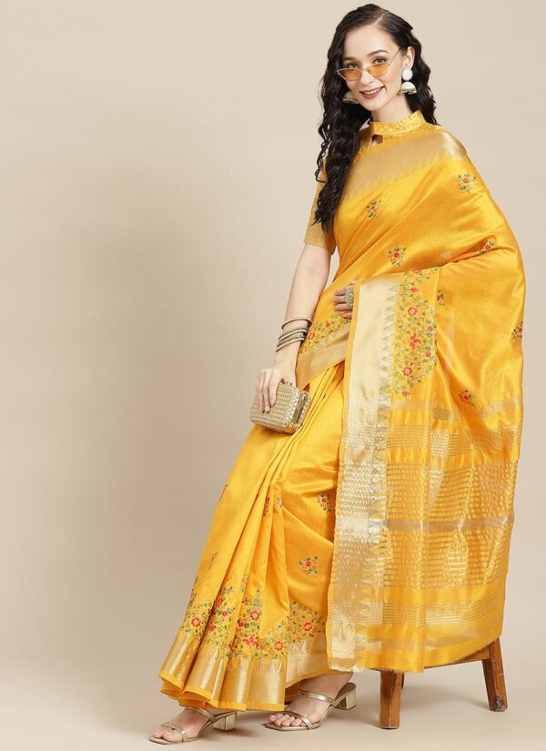 Yellow Assam Cotton Silk Saree with thread embroidery