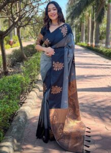 Grey Banarasi silk saree with zari jacquard work