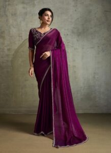 Wine faux chiffon saree with stone-embellished border