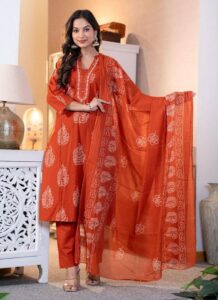 Orange Cotton Straight Pant Suit with embroidery and printed dupatta