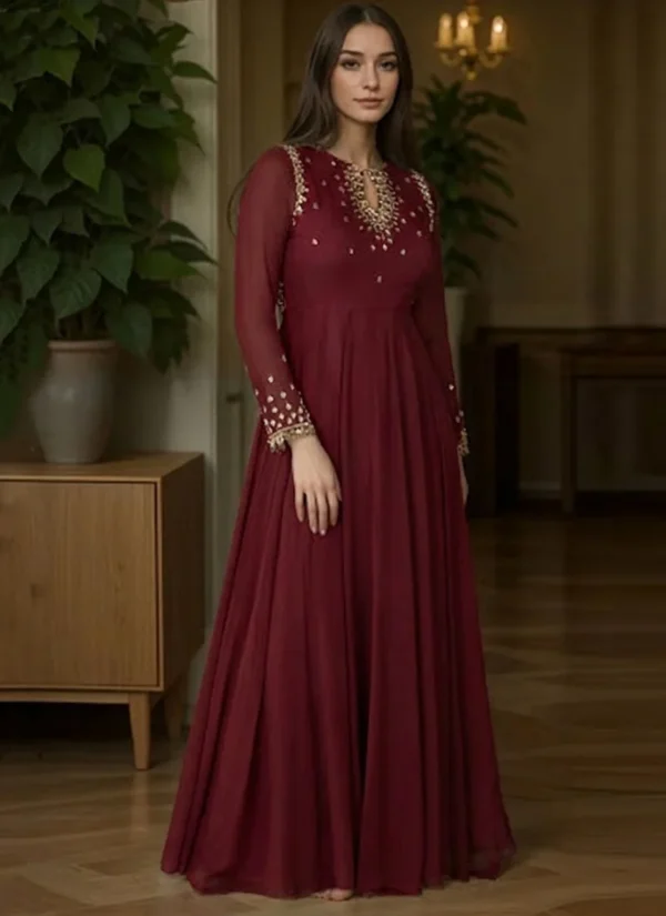 Maroon faux georgette Anarkali suit with beads and sequins