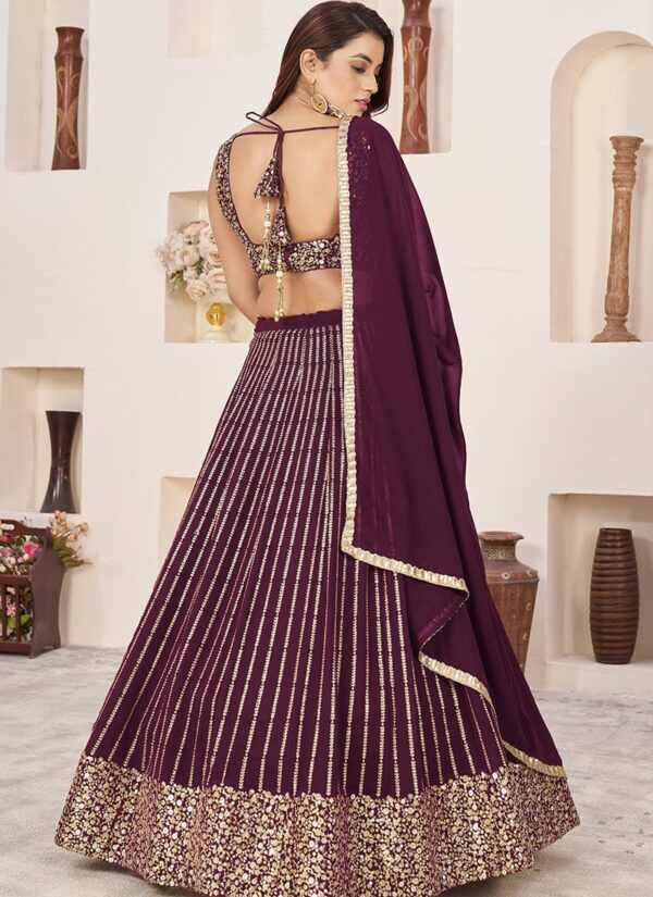 Wine georgette lehenga choli with zari and sequins embroidery back view