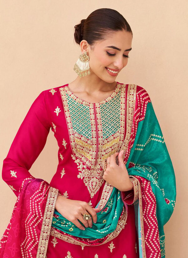 Pink Chinon Silk Palazzo Suit with Teal Bandhani Dupatta festive wear closeup view