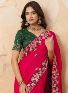 Pink Chiffon Sequin Embroidered Saree festive party wear closeup view