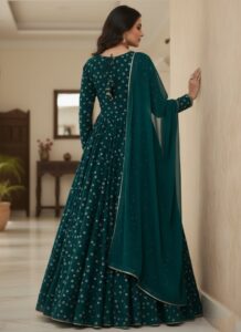 Teal Faux Georgette Anarkali Suit with embroidery and sequins Back View