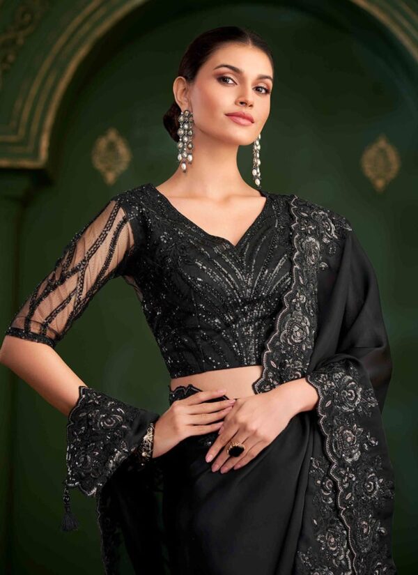 Black Georgette Zari embroidered sequin saree with lace border side view