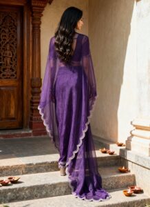 Violet faux chiffon saree with stone-embellished border back view