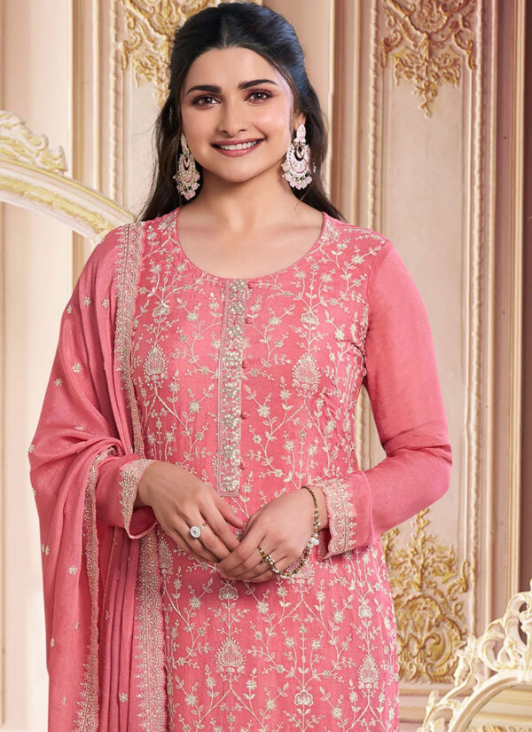 Pink chinon silk stone embroidered sequins straight pant suit with close view