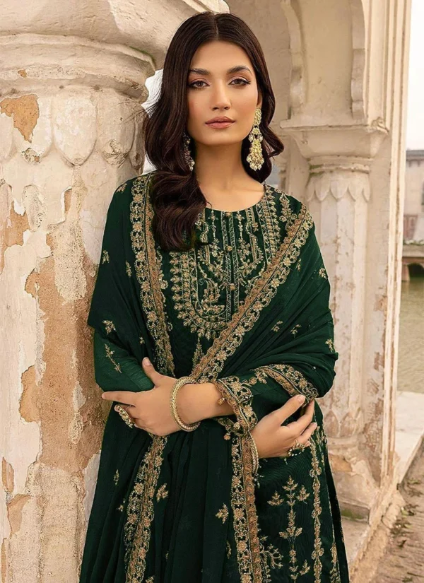 Green georgette embroidered pant suit side view with straight pants