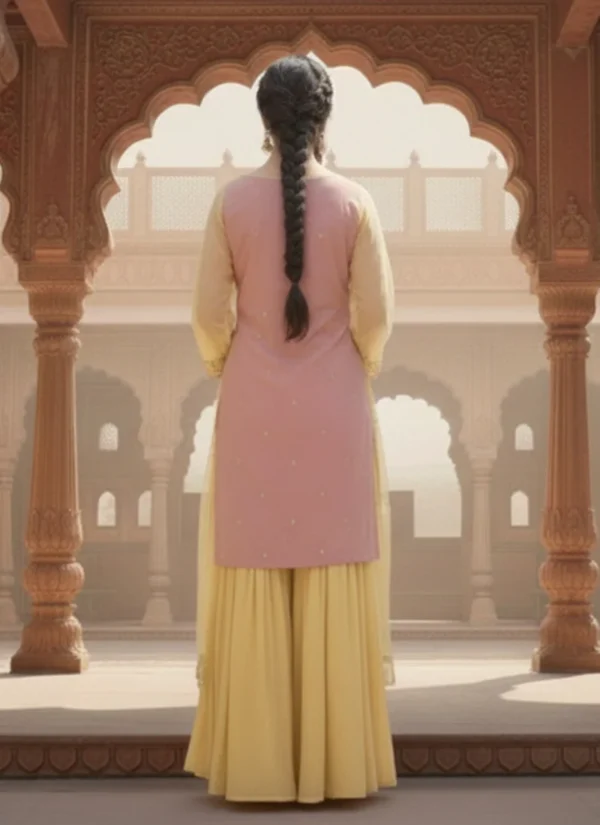 Pink georgette zari sequins sharara suit party wear back view