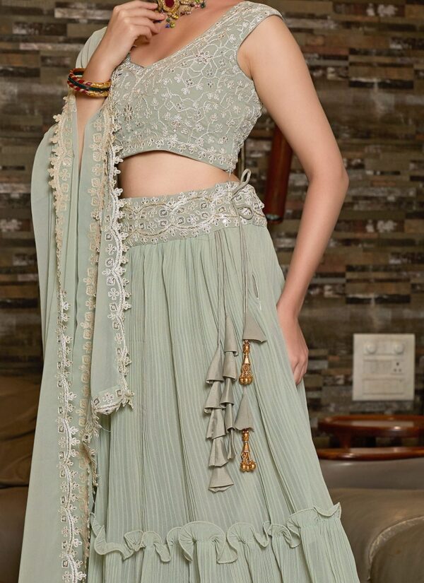 Dusty green faux georgette lehenga with sequins embroidery closeup view
