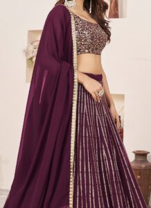 Wine georgette lehenga choli with zari and sequins embroidery side view