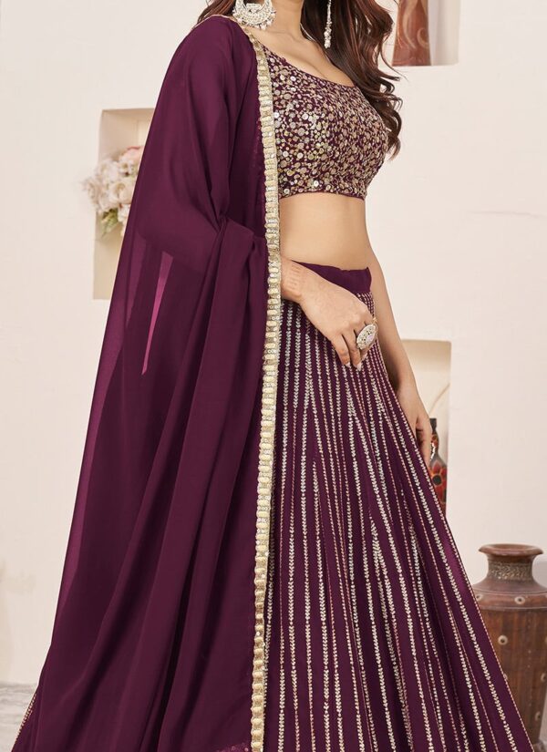 Wine georgette lehenga choli with zari and sequins embroidery side view