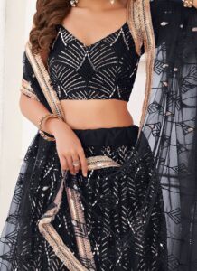 Black net umbrella lehenga with sequins and mirror embroidery closeup view