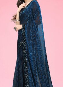Teal Lycra Saree with brasso sequins border party wear side view