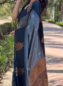 Grey Banarasi silk saree with zari jacquard work side view