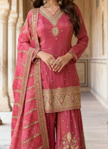 Pink Shimmer Silk embroidered sequins palazzo suit with Bandhani dupatta Side View