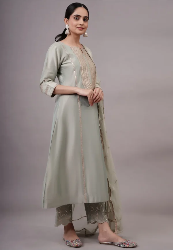 Dusty green sequinned cotton silk A-line suit party wear side view