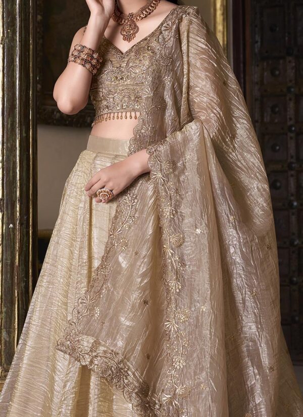 Beige crush silk umbrella lehenga choli with zari sequin work side view