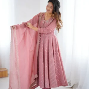 Baby Pink Anarkali Gown in Crunchy Silk with Flair Sequins Work Anarkali Set
